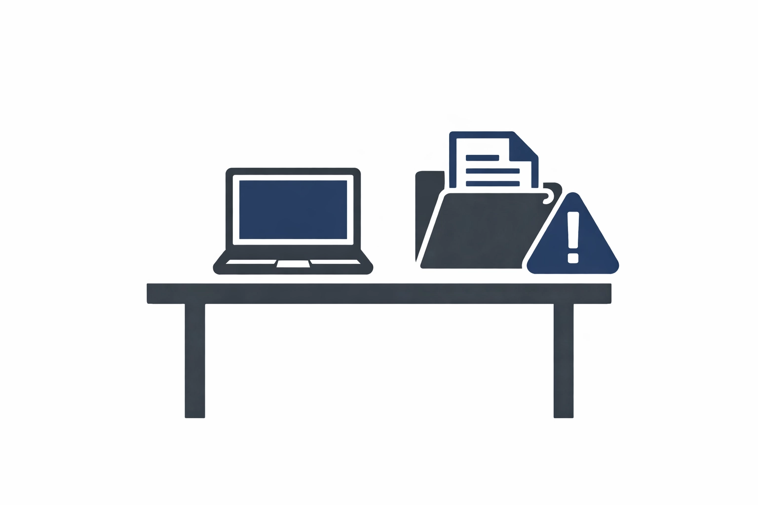 Minimalist vector illustration of an office desk depicting the hidden risks of Shadow AI in business.