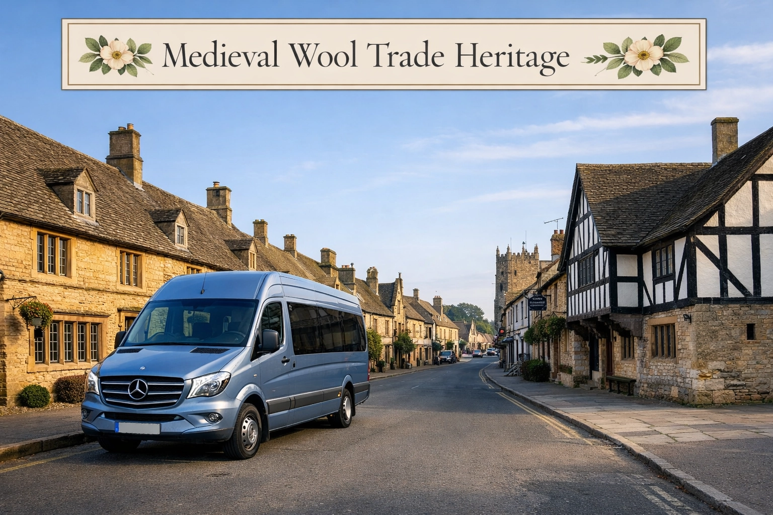 Historic Northleach main street with medieval honey-colored stone buildings and a silver blue tour coach.