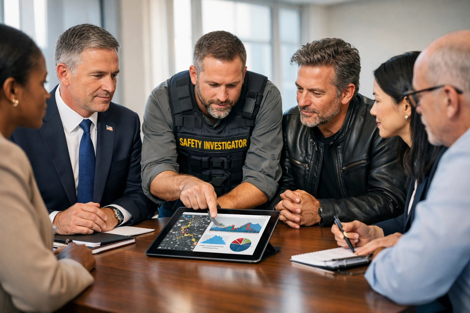 DOT and NTSB stakeholders collaborating in a boardroom to analyze motorcycle road safety data.