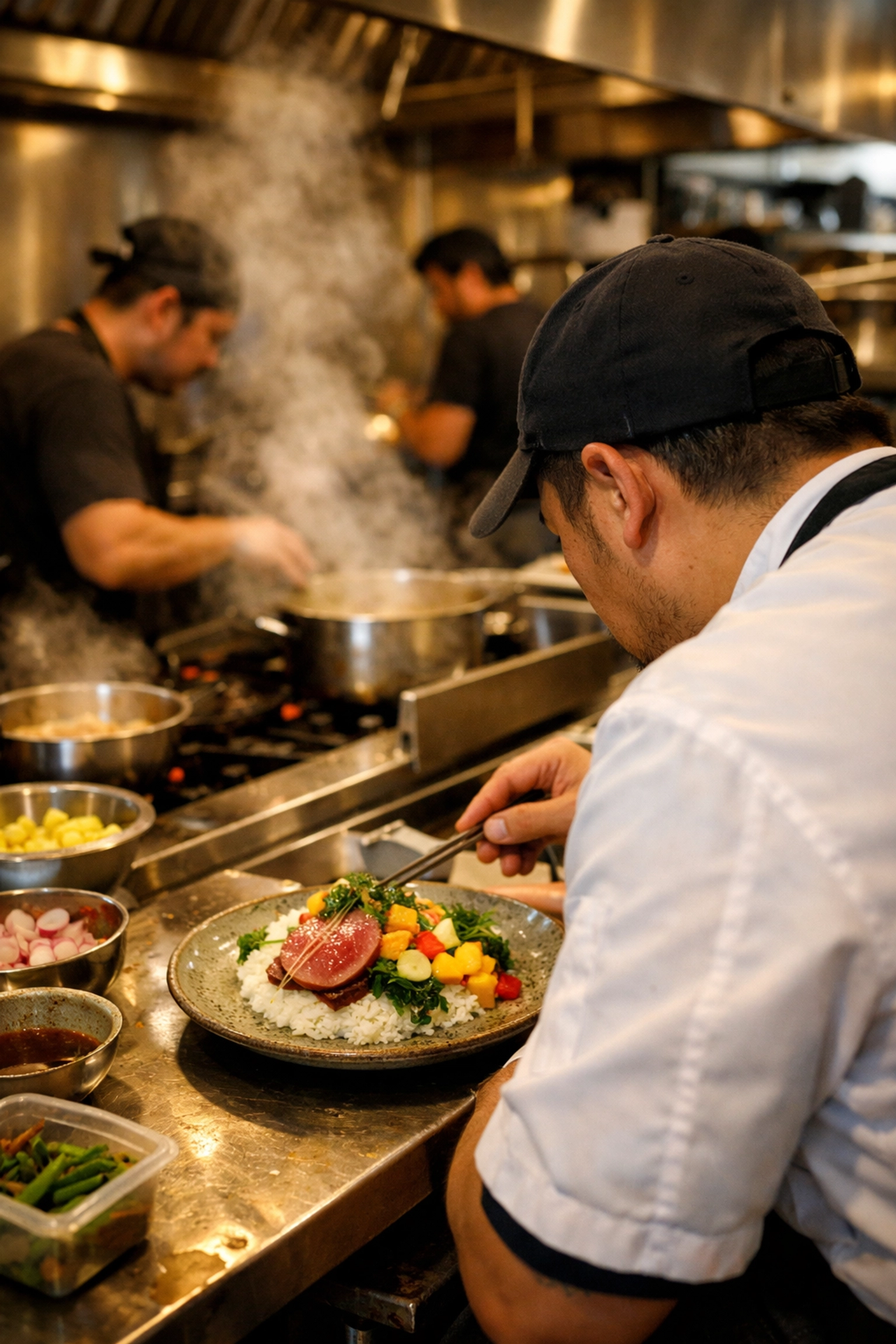 Chef carefully plating Hawaiian dish in professional restaurant kitchen