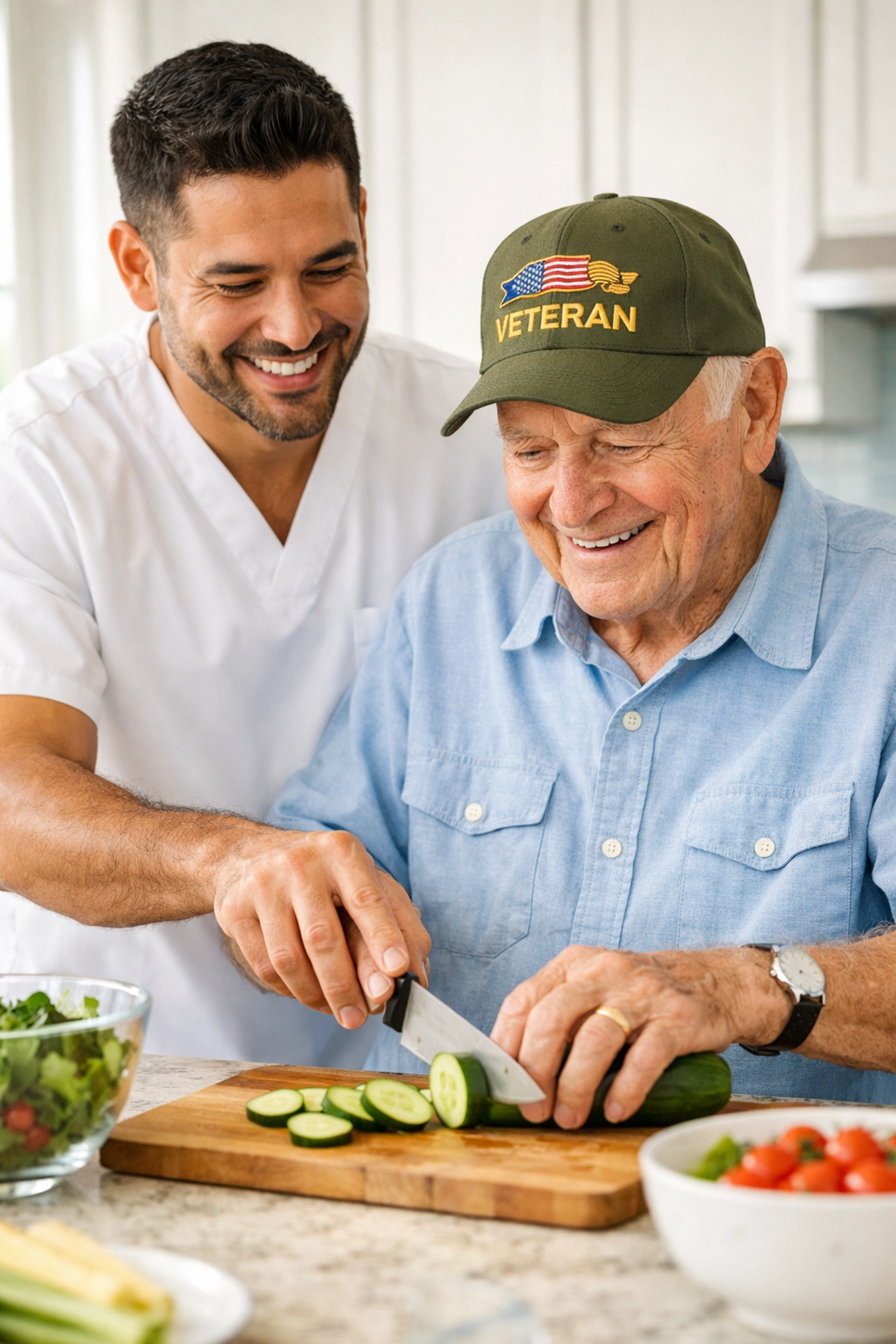 Caregiver helping a veteran with daily meal prep as part of home health aide services in Prince William County.
