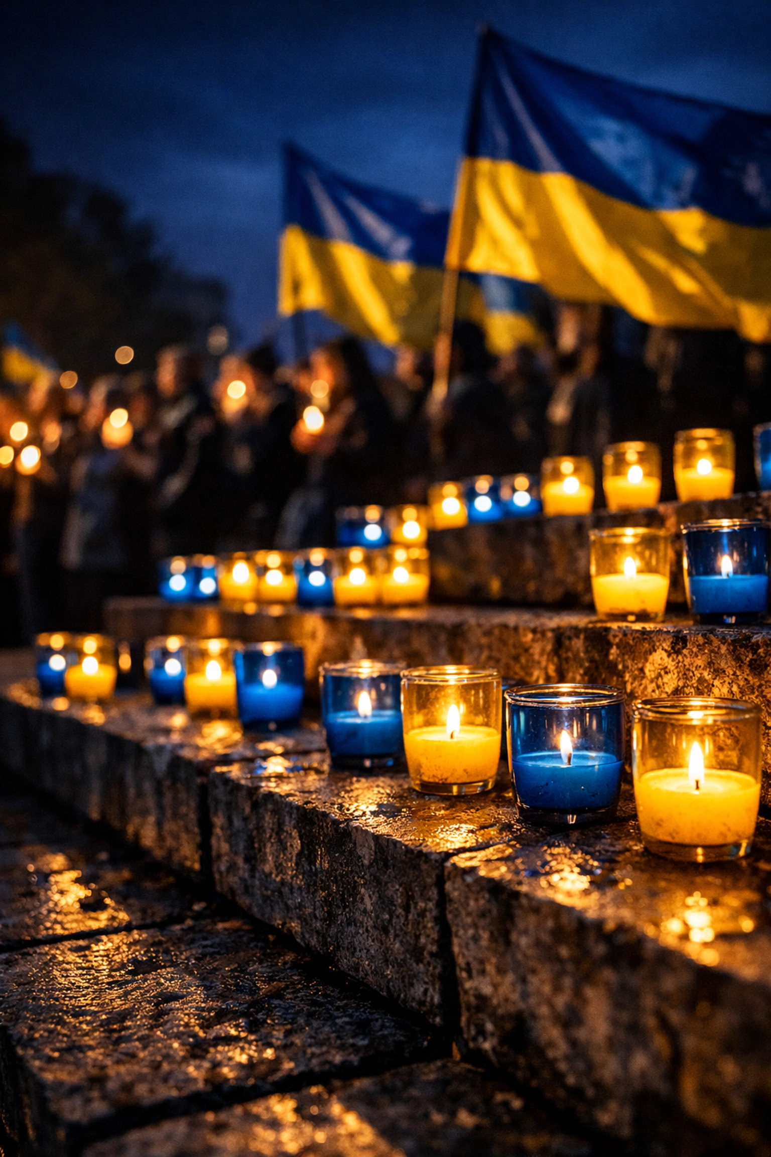 Candlelight vigil for Ukraine's fourth anniversary in Calgary with blue and yellow candles