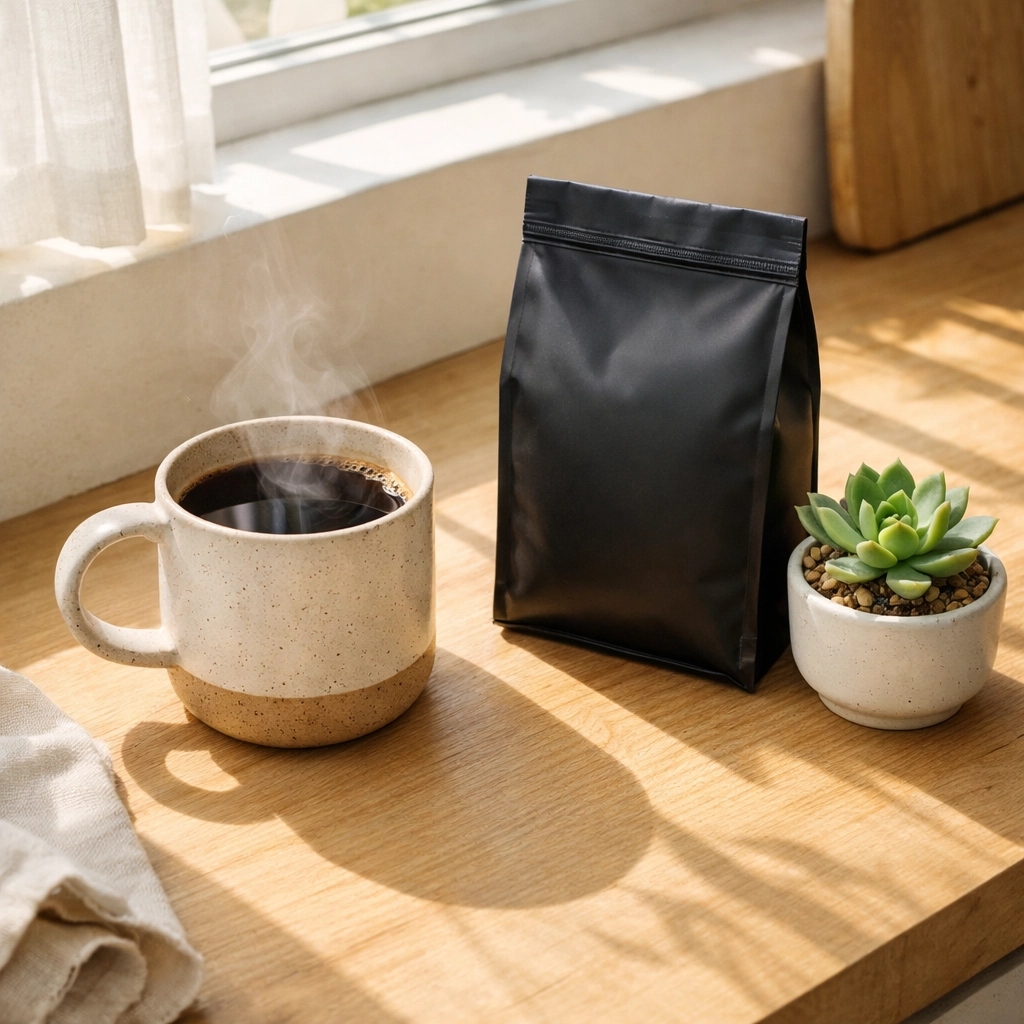 A stylish matte-black coffee bag and mug on a sunlit counter, representing a unique coffee brand identity.