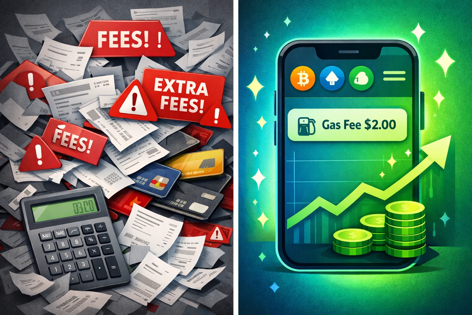 Traditional payment fees vs gas-only crypto payments comparison showing merchant cost savings