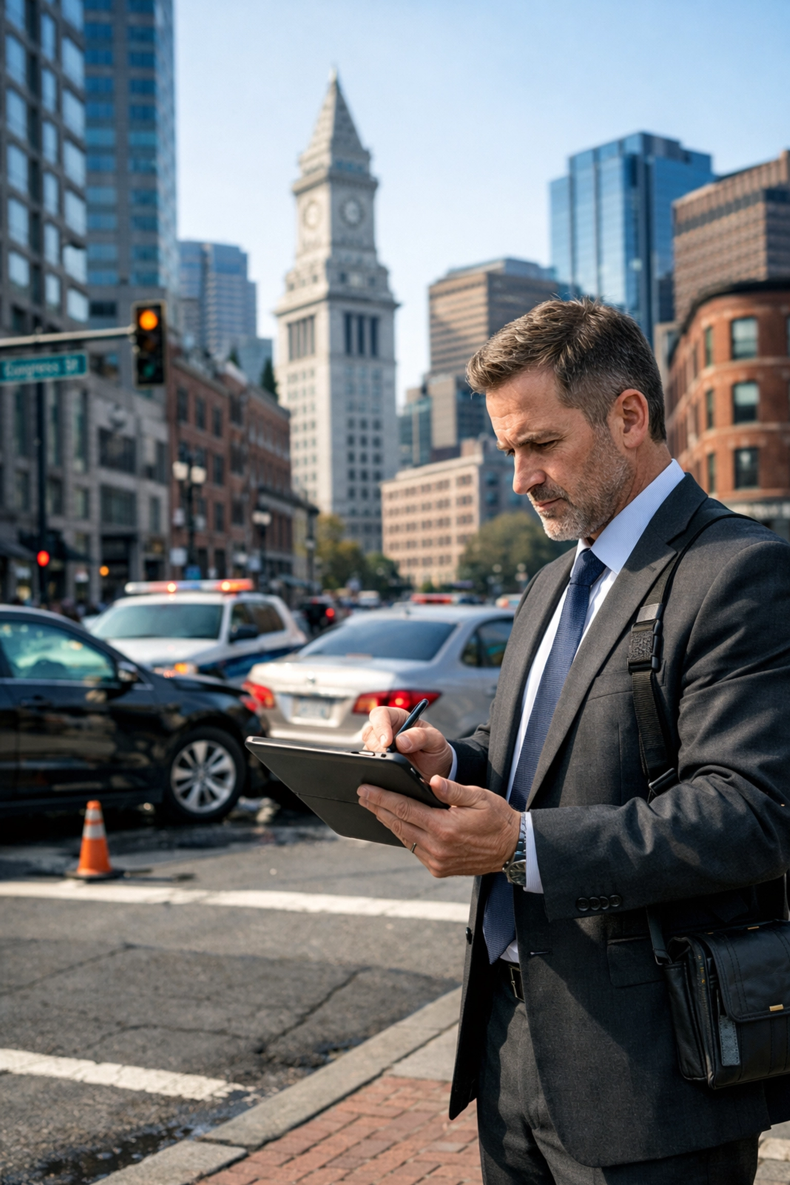 Professional investigator documenting a rideshare accident Massachusetts scene at an intersection.