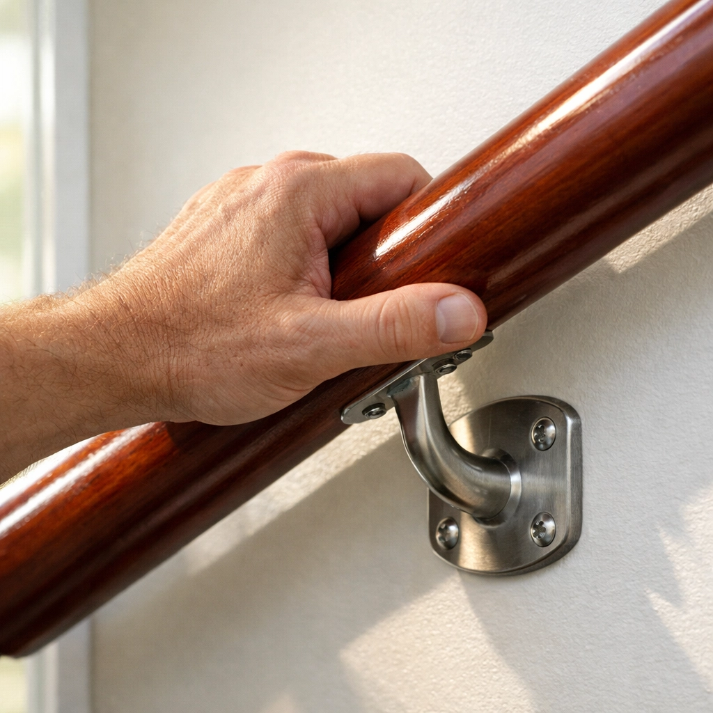 Close-up of a person gripping a secure, well-maintained handrail to prevent slips on stairs.