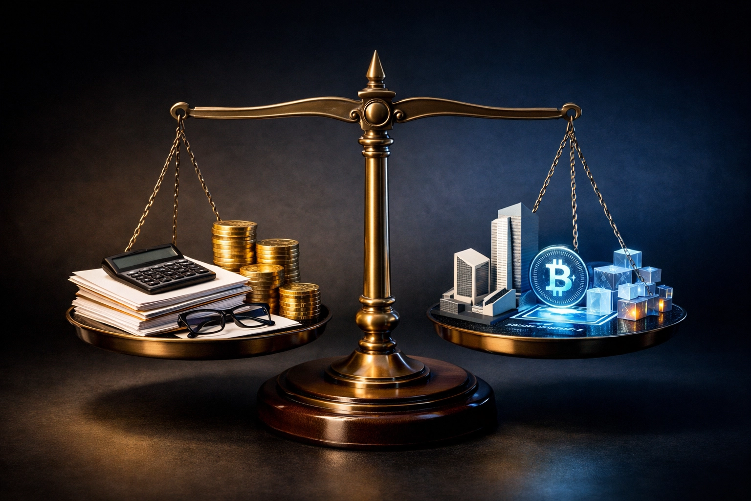 Balance scale showing traditional and digital alternative investment strategies