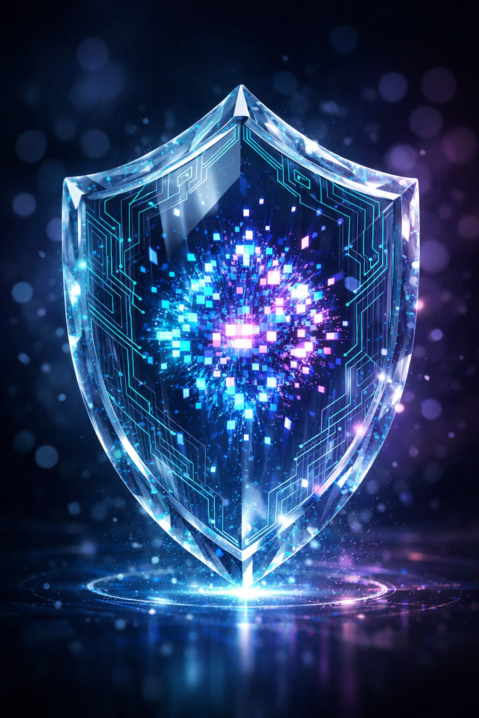 A glowing digital shield protecting data to illustrate cybersecurity and IT compliance solutions.
