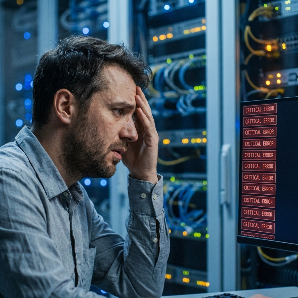 Stressed IT technician in server room reacting to backup failure alerts, highlighting business internet risk.