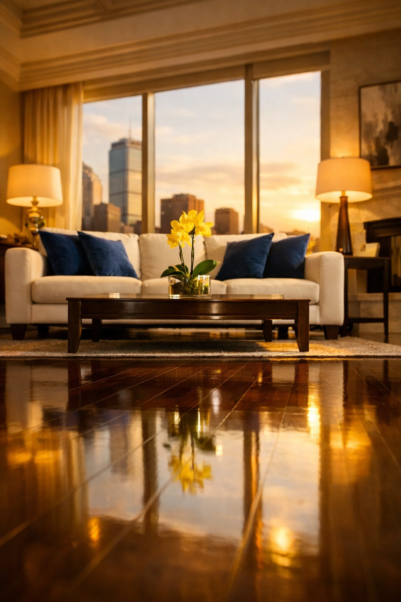 Immaculate living room after a fast house cleaning Boston service in a downtown apartment.