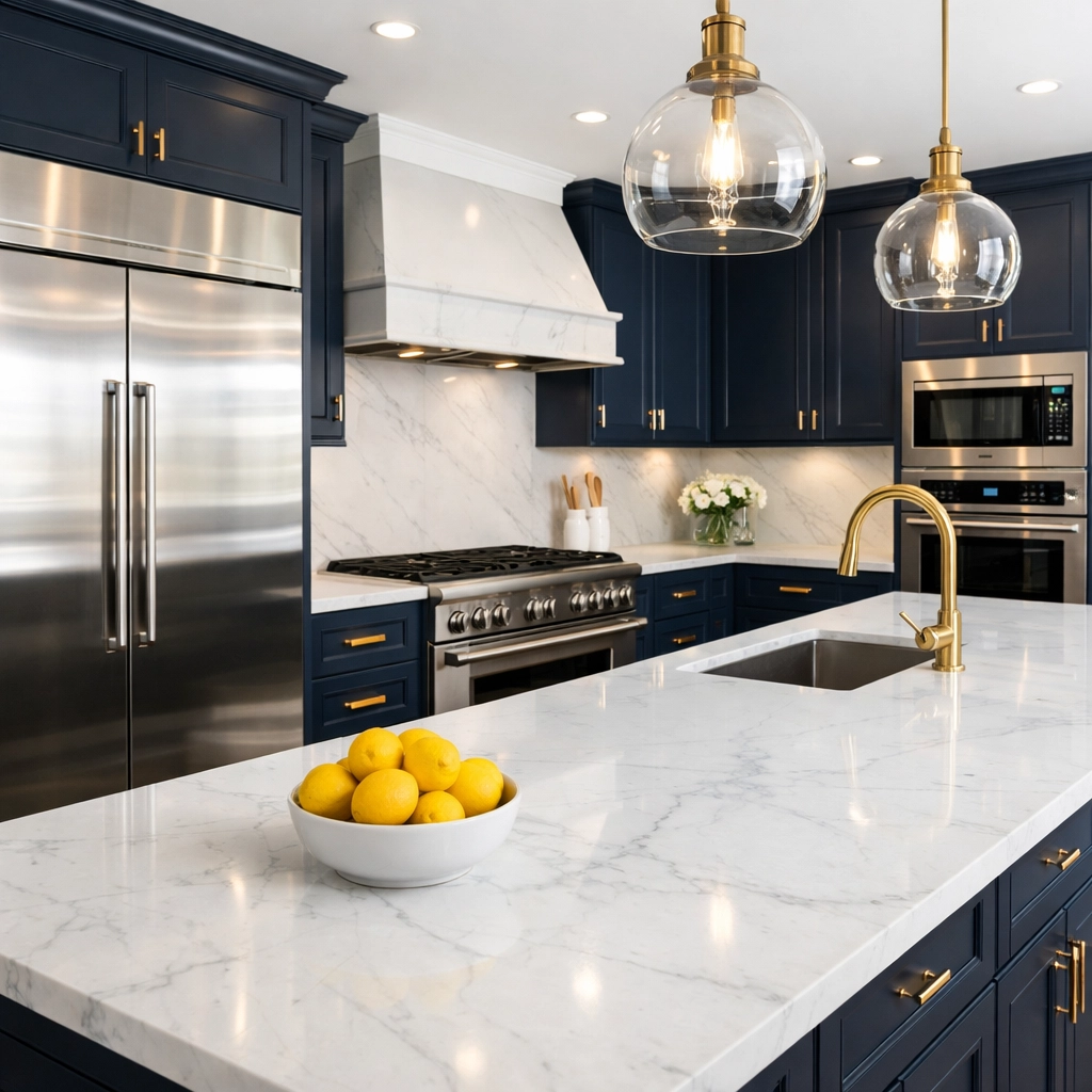 Sparkling luxury kitchen with marble countertops after a professional deep cleaning in Westborough.