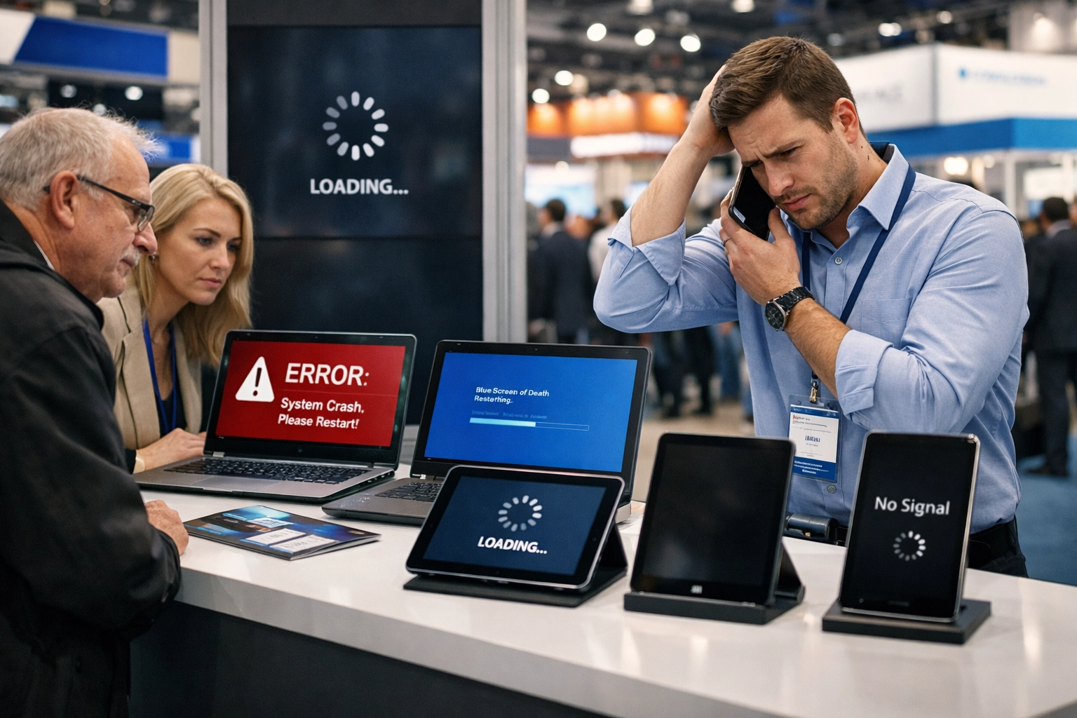 Trade show exhibitor booth experiencing WiFi connectivity failure during product demonstration
