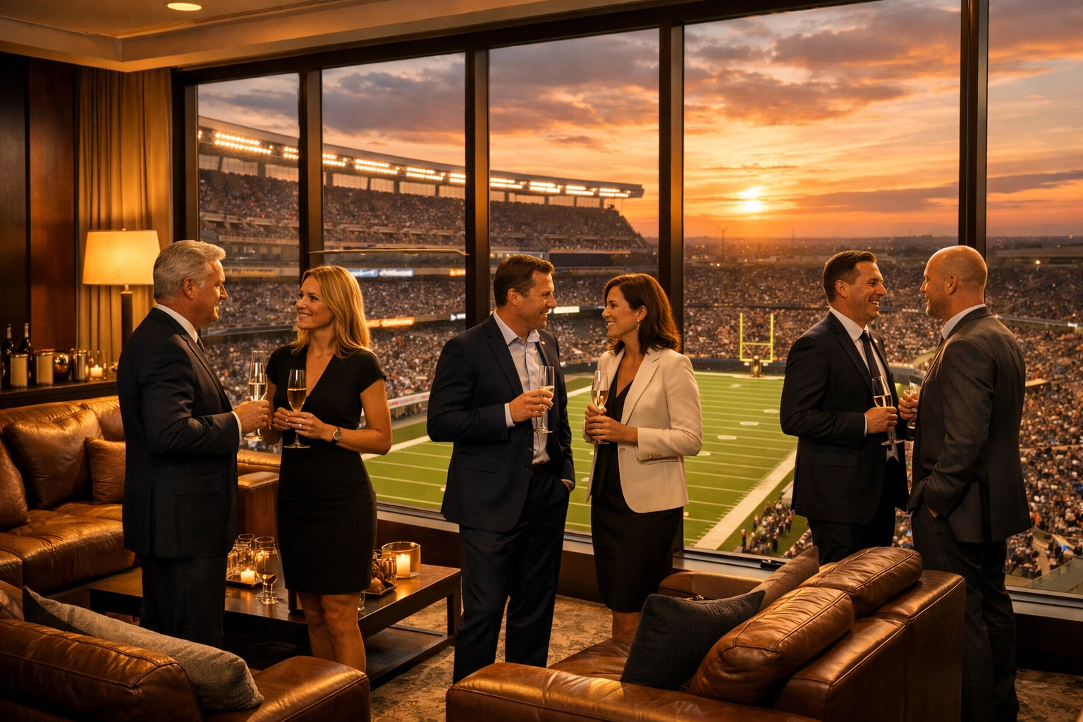 The Executive's Guide to Super Bowl Corporate Hosting: How to Turn Luxury Travel Into Brand-Building Wins Corporate executives networking in luxury Super Bowl hospitality suite overlooking stadium field
