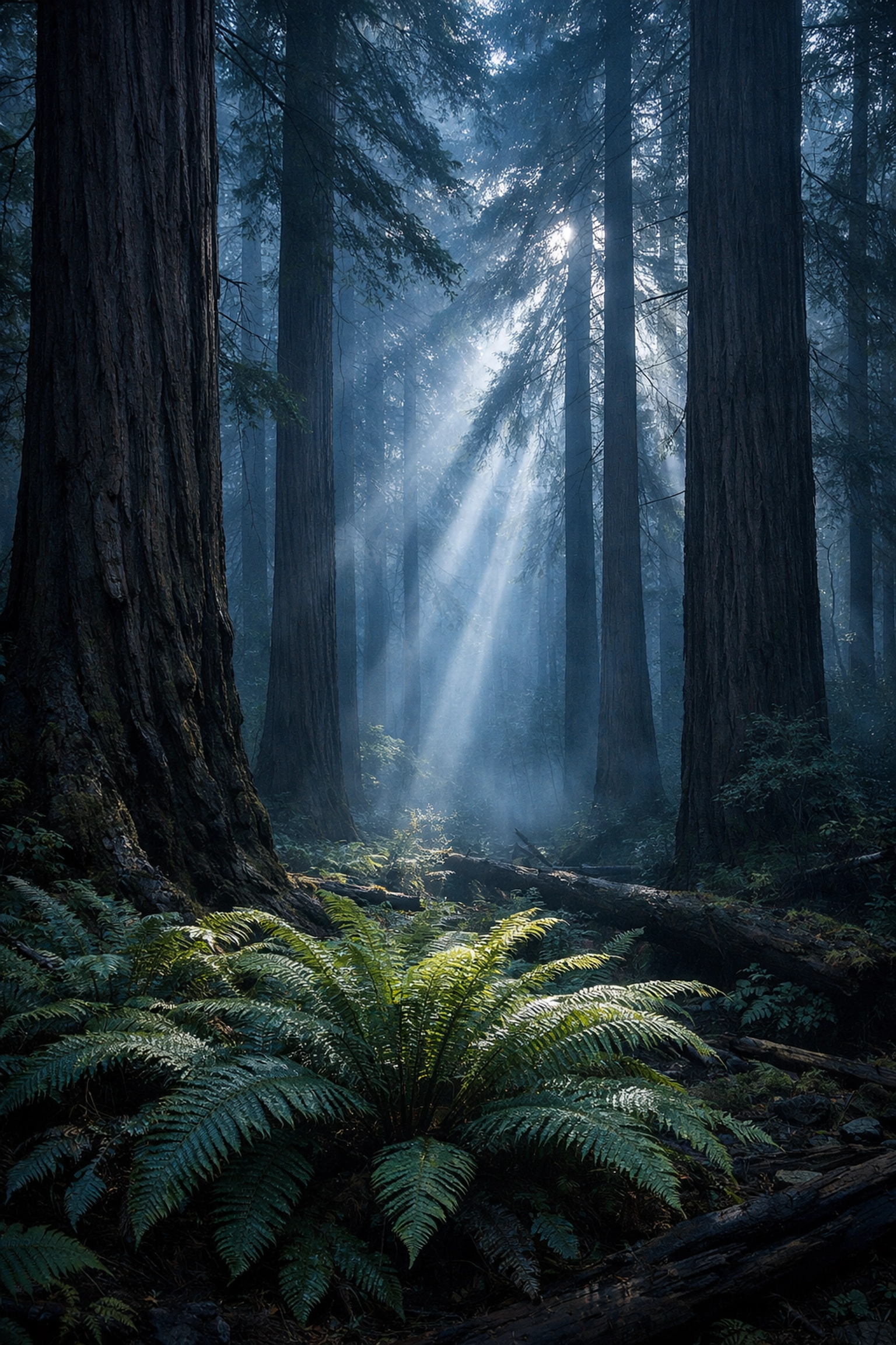 Atmospheric redwood forest with natural cool tones showing proper white balance in landscape photography.