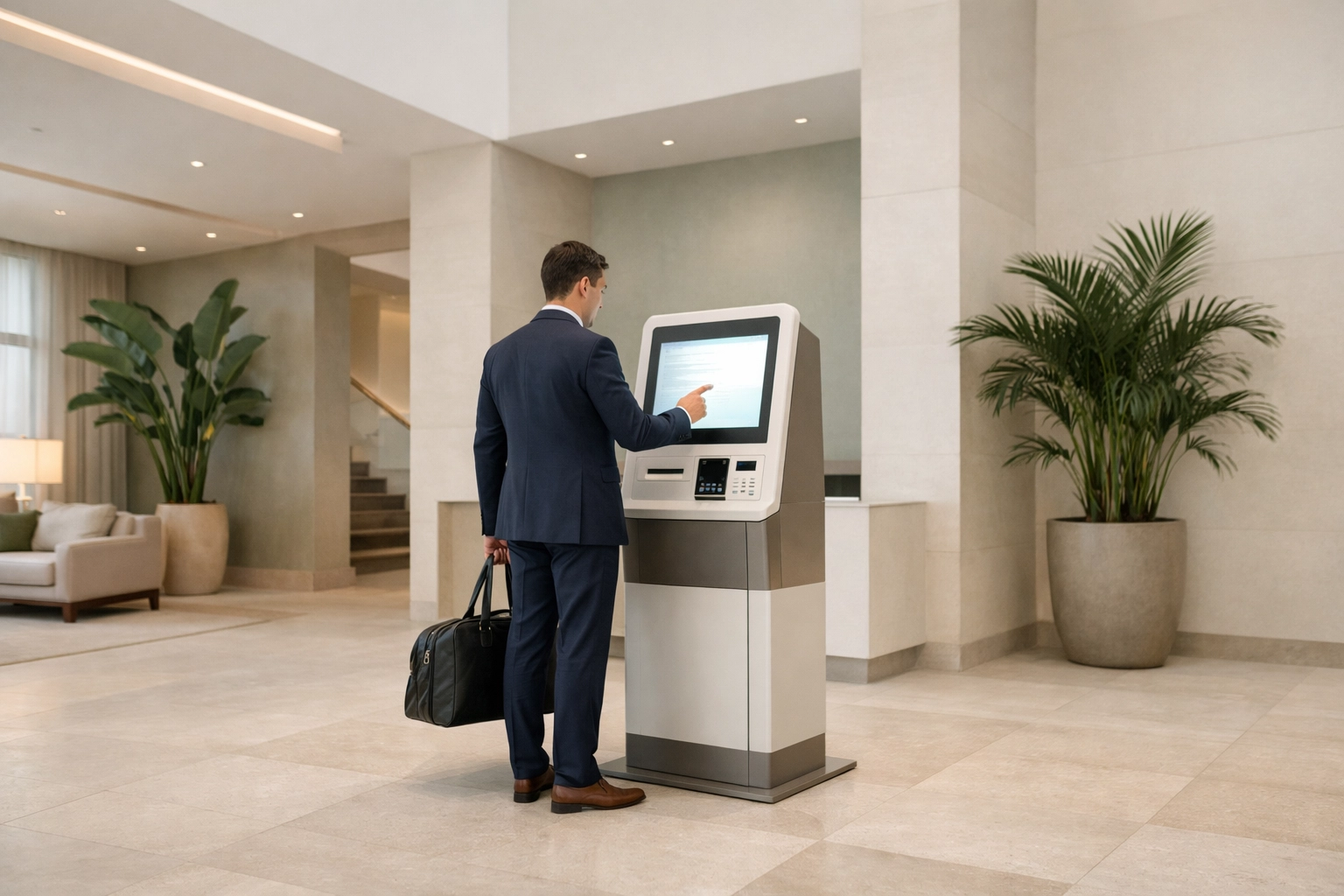 Sleek self-check-in kiosks in a minimalist hotel lobby to improve guest experience.