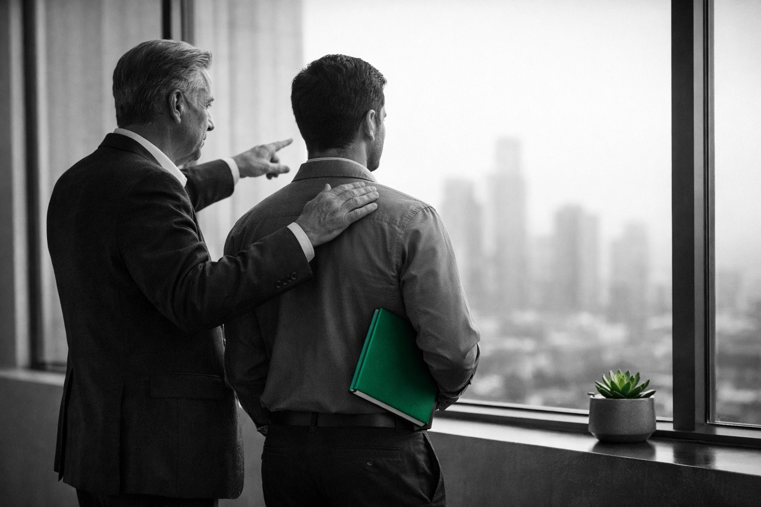 A mentor and mentee in a modern office, representing effective nonprofit leadership training and growth.