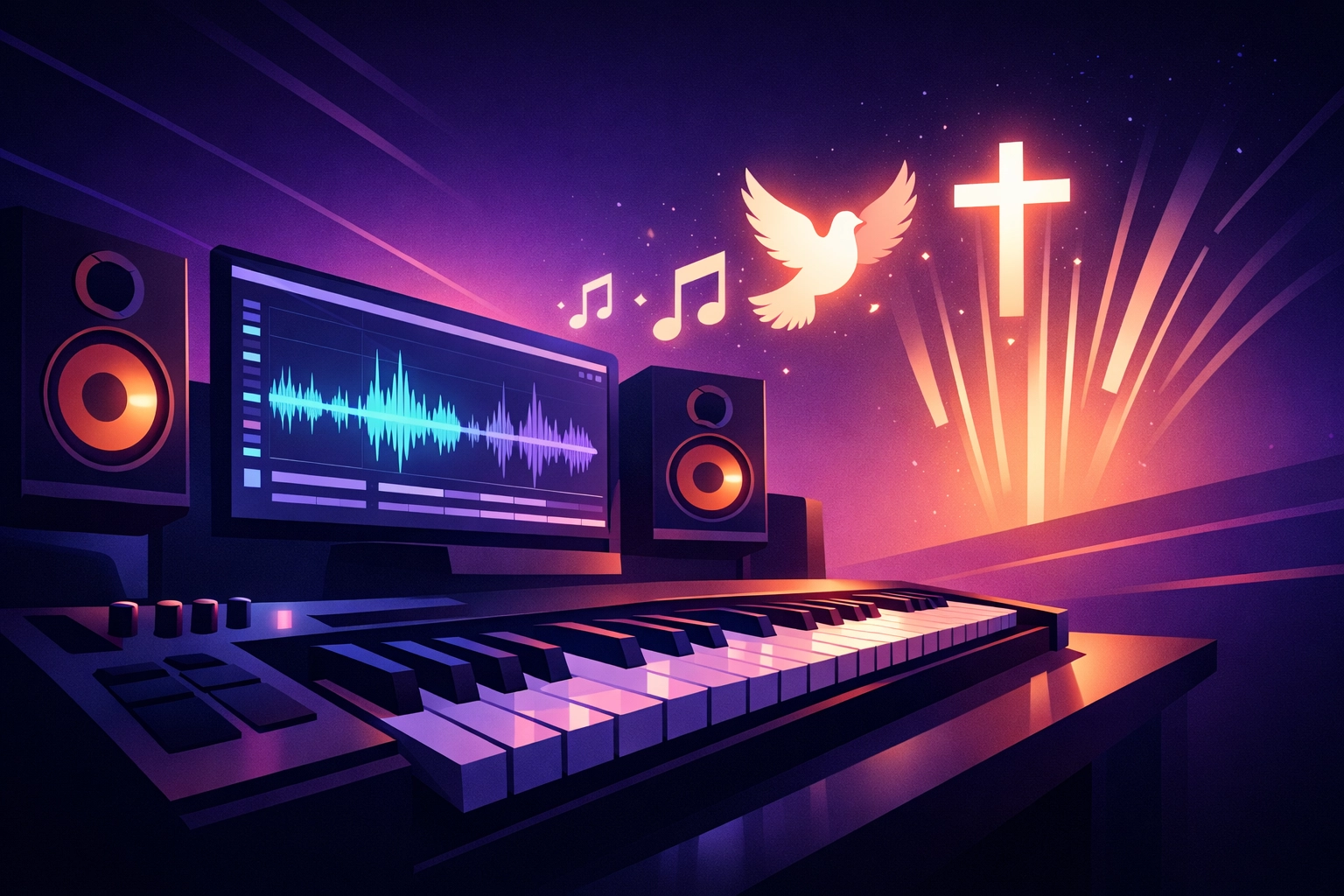 Modern worship music production workspace with MIDI keyboard and digital audio workstation