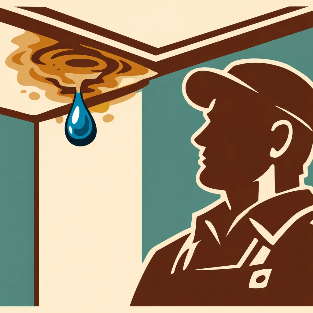 A ceiling water stain from an ice dam leak with a professional handyman silhouette nearby.