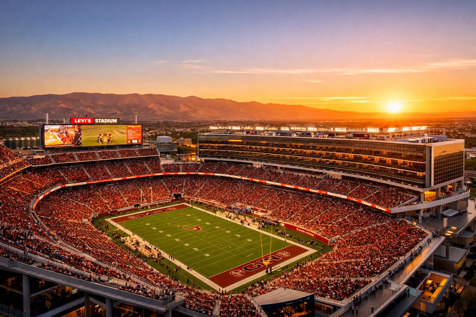 Modern Levi's Stadium at sunset, showcasing the massive scale of Super Bowl 2026 sports media real estate.