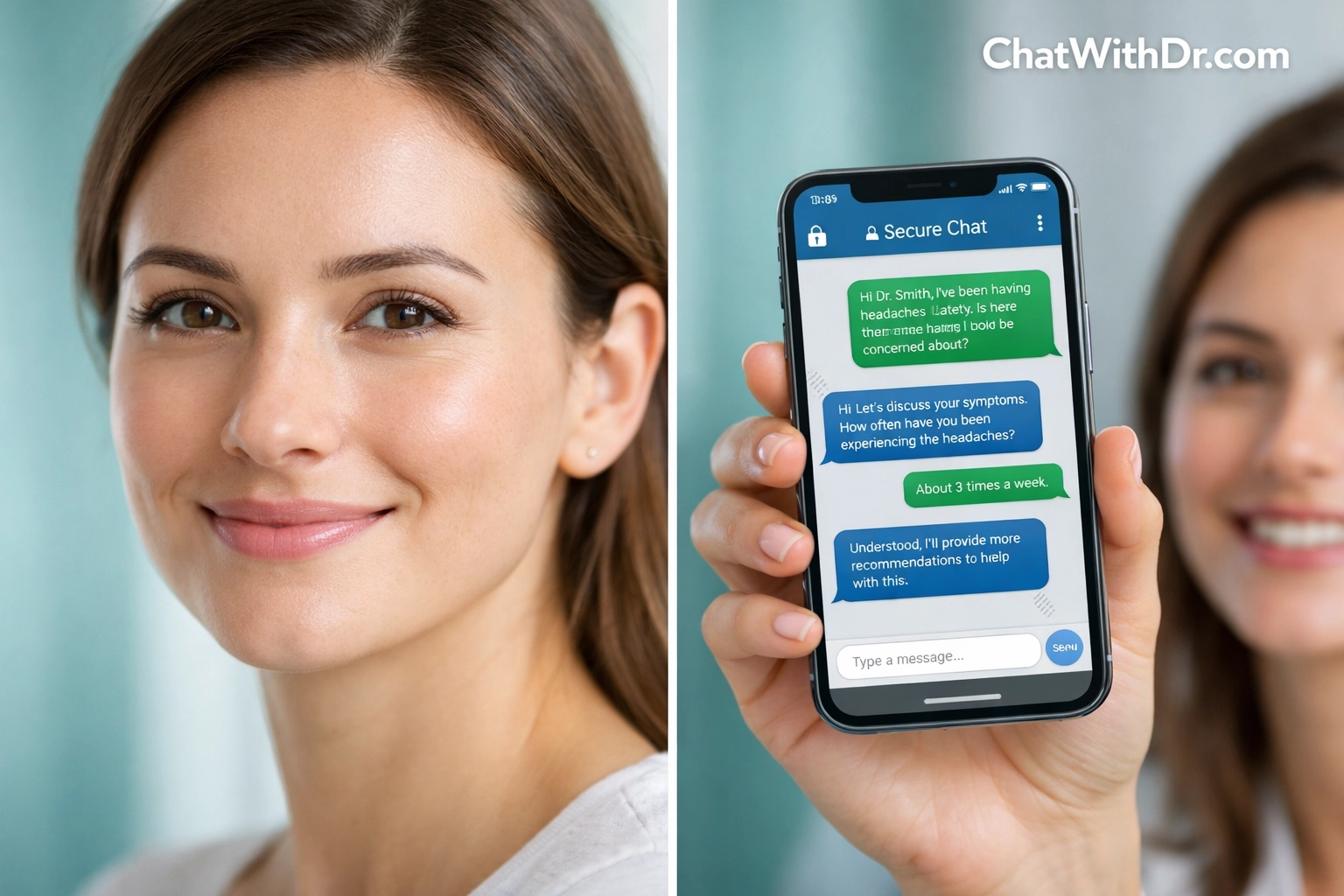 Woman with clear skin using smartphone for online acne treatment consultation