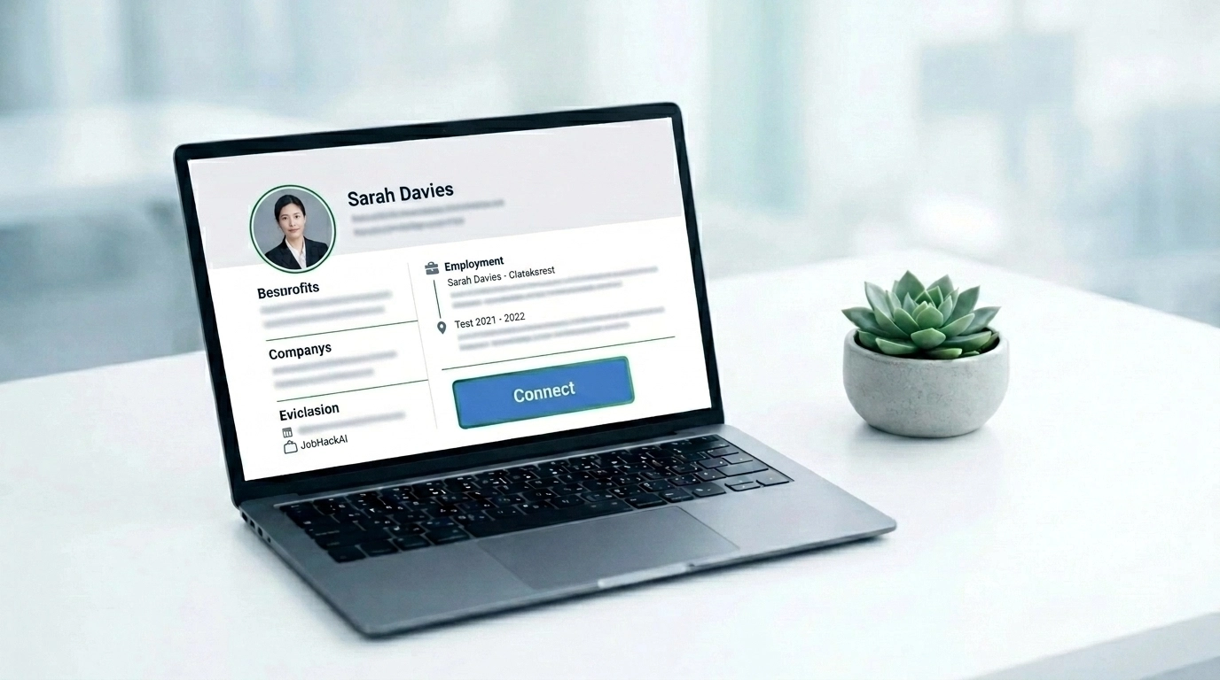 Optimized professional LinkedIn profile displayed on a laptop in a clean office setting.