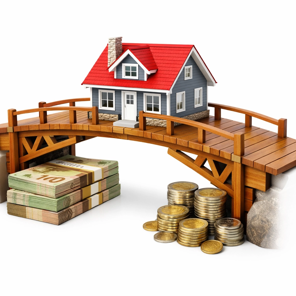 House bridging financial gap symbolizing bridge financing loan connecting home sale and purchase