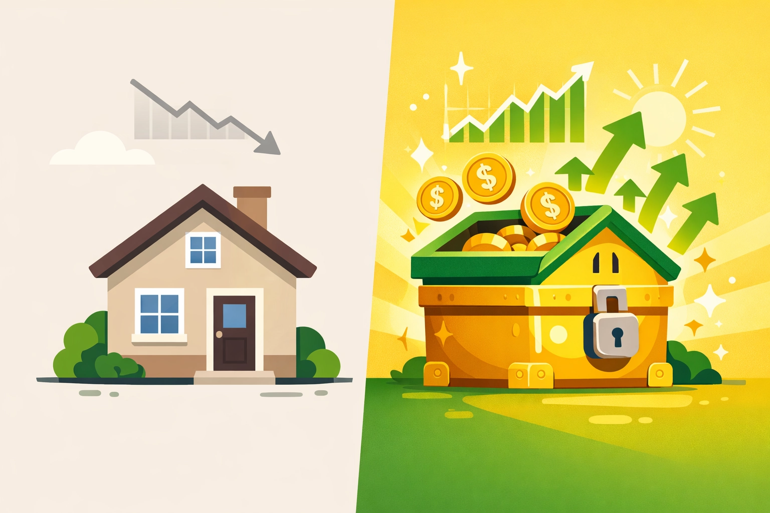 House transforming into wealth symbol illustrating real estate appreciation and equity growth