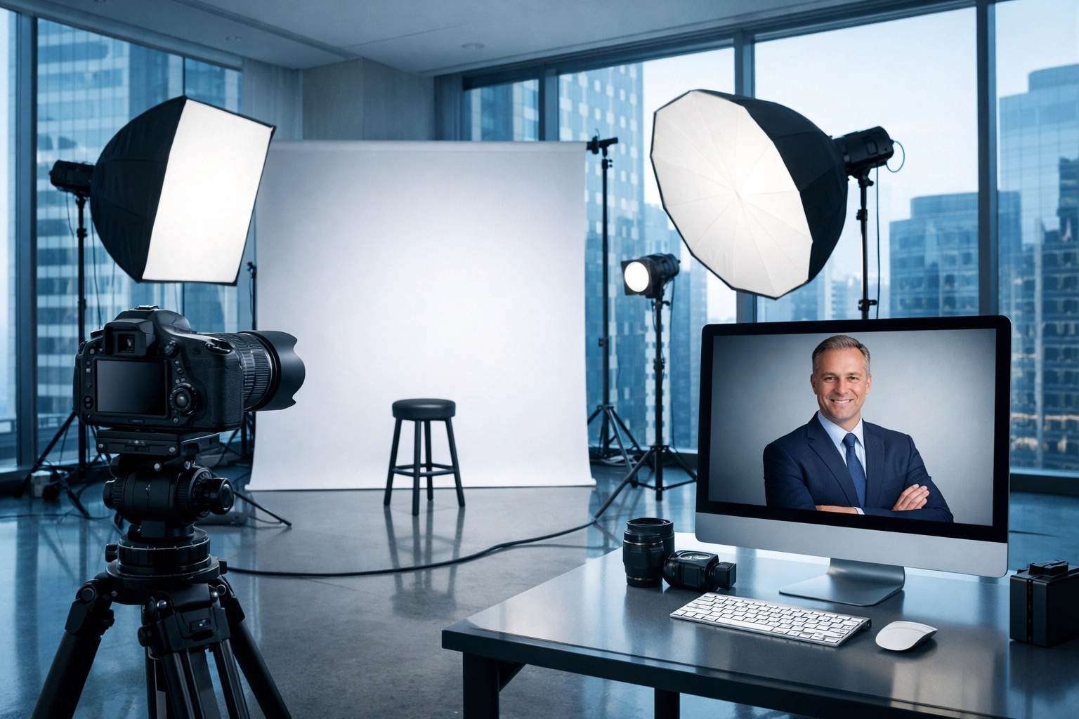 High-end photography studio setup for a professional corporate headshot session.