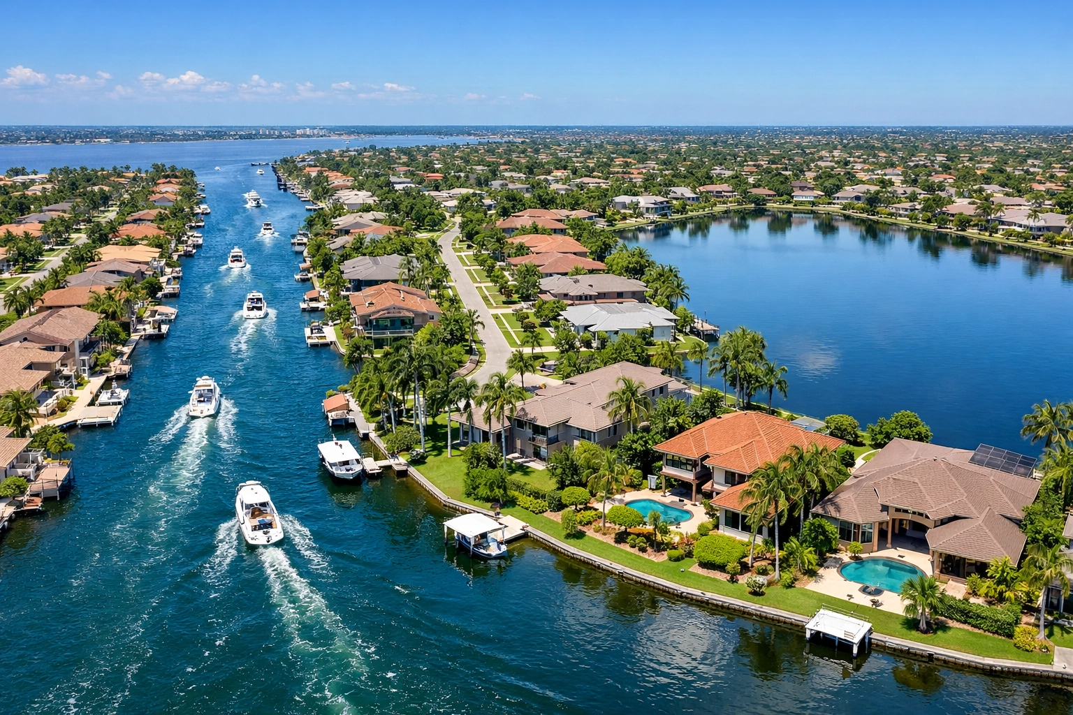 Aerial view of Cape Coral saltwater canals and freshwater lakes in SWFL gated communities.