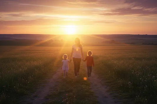 A woman walks hand-in-hand with two young children down a peaceful country path at sunset, symbolizing hope and new beginnings
