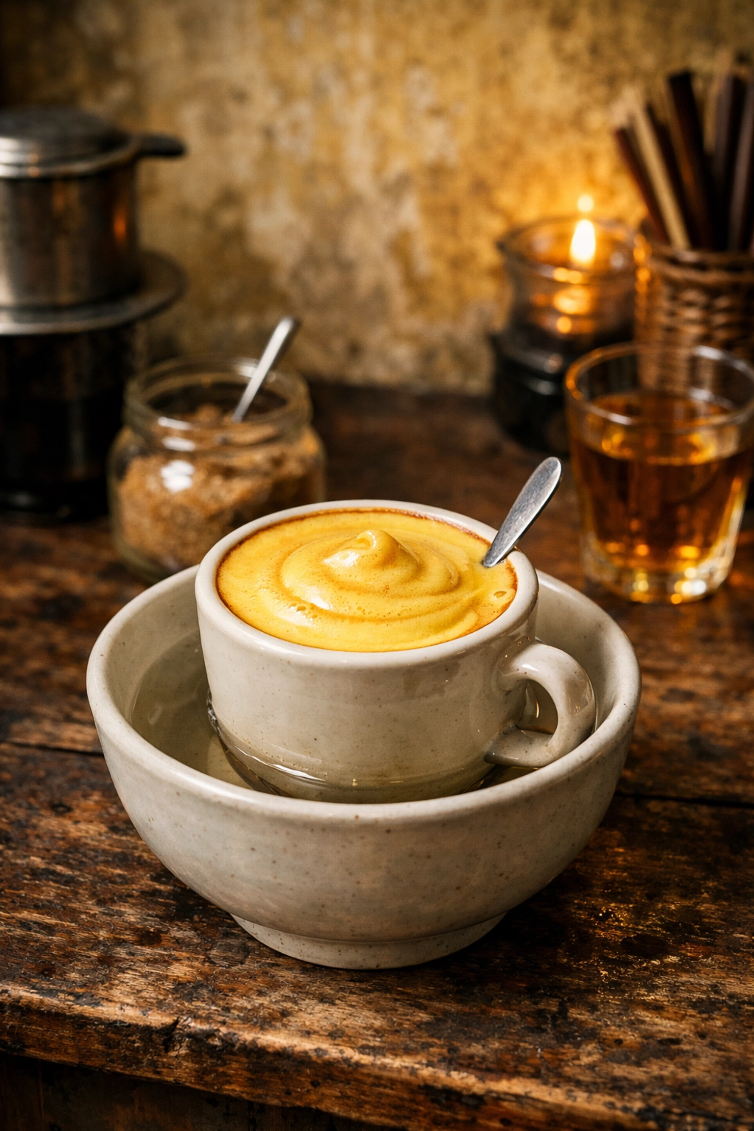 Famous Hanoi egg coffee with thick foam served in a rustic cafe, a must-try local drink.