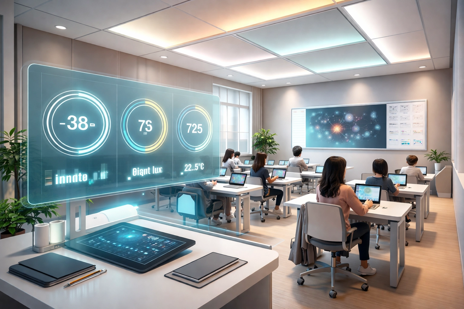 Futuristic classroom featuring adaptive lighting and diverse students using personalized learning tools