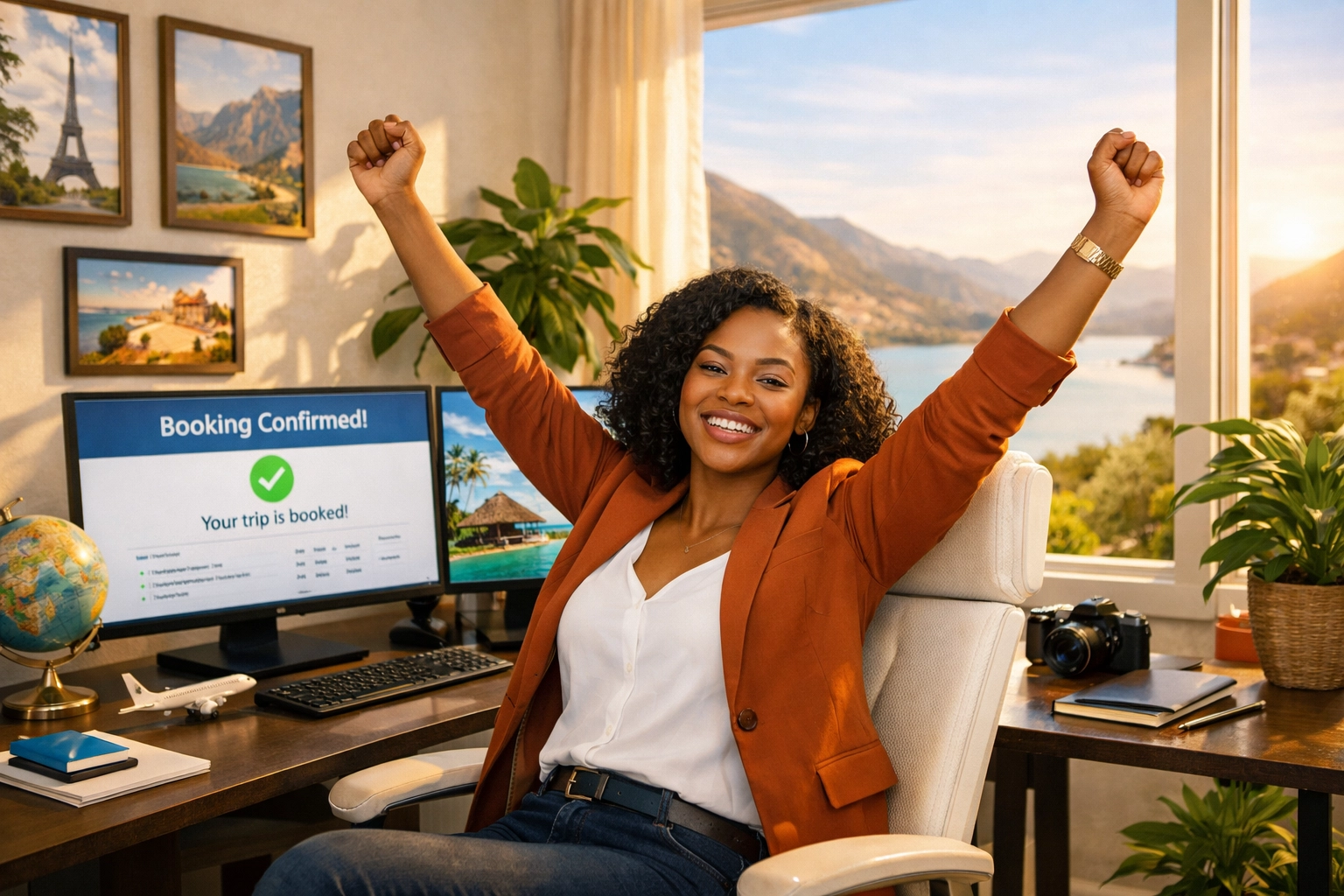 Successful travel agent celebrating bookings in home office with dual monitors