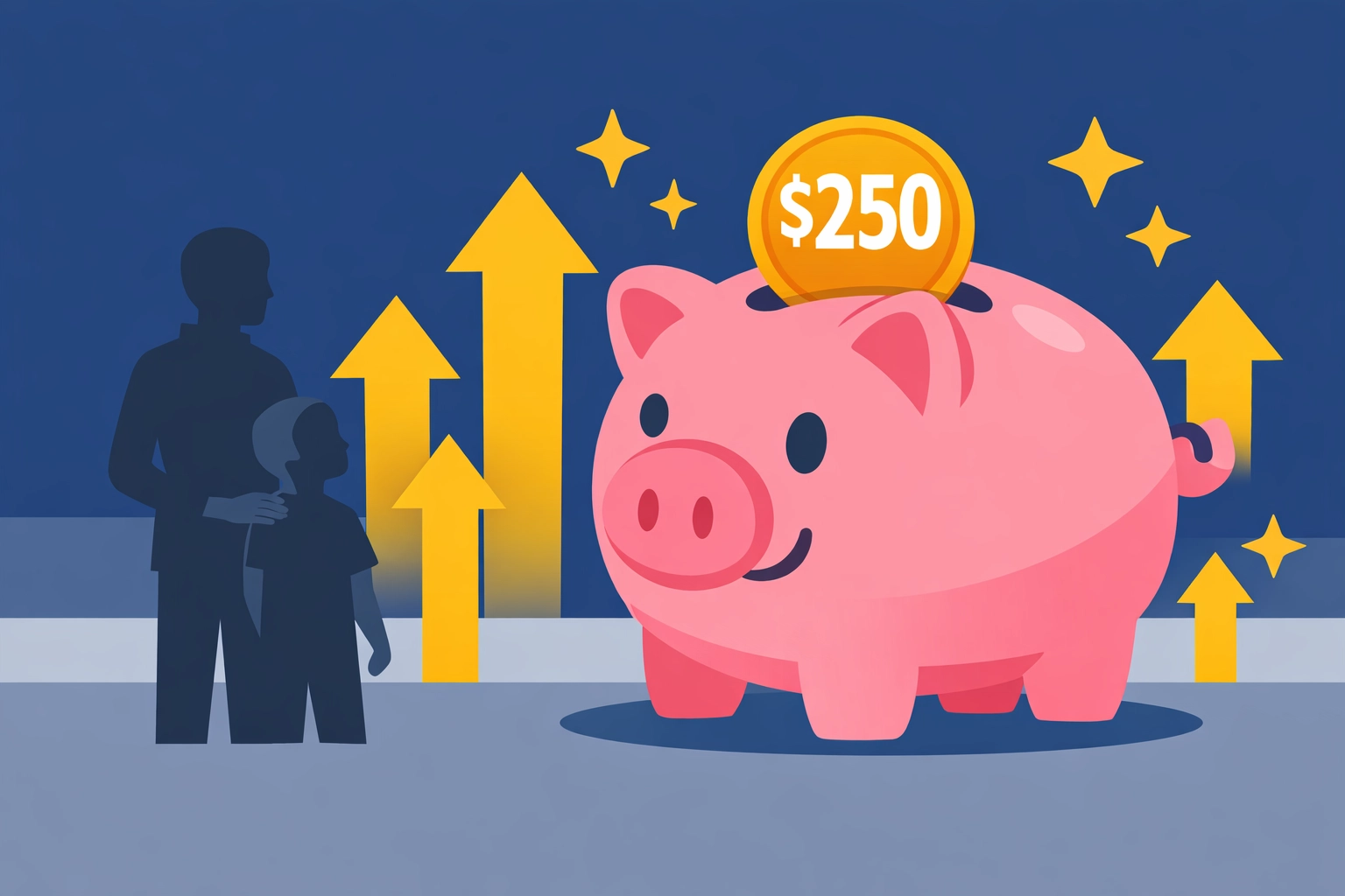Illustration of a parent and child with a piggy bank showing the 2026 CT EITC boost for families.