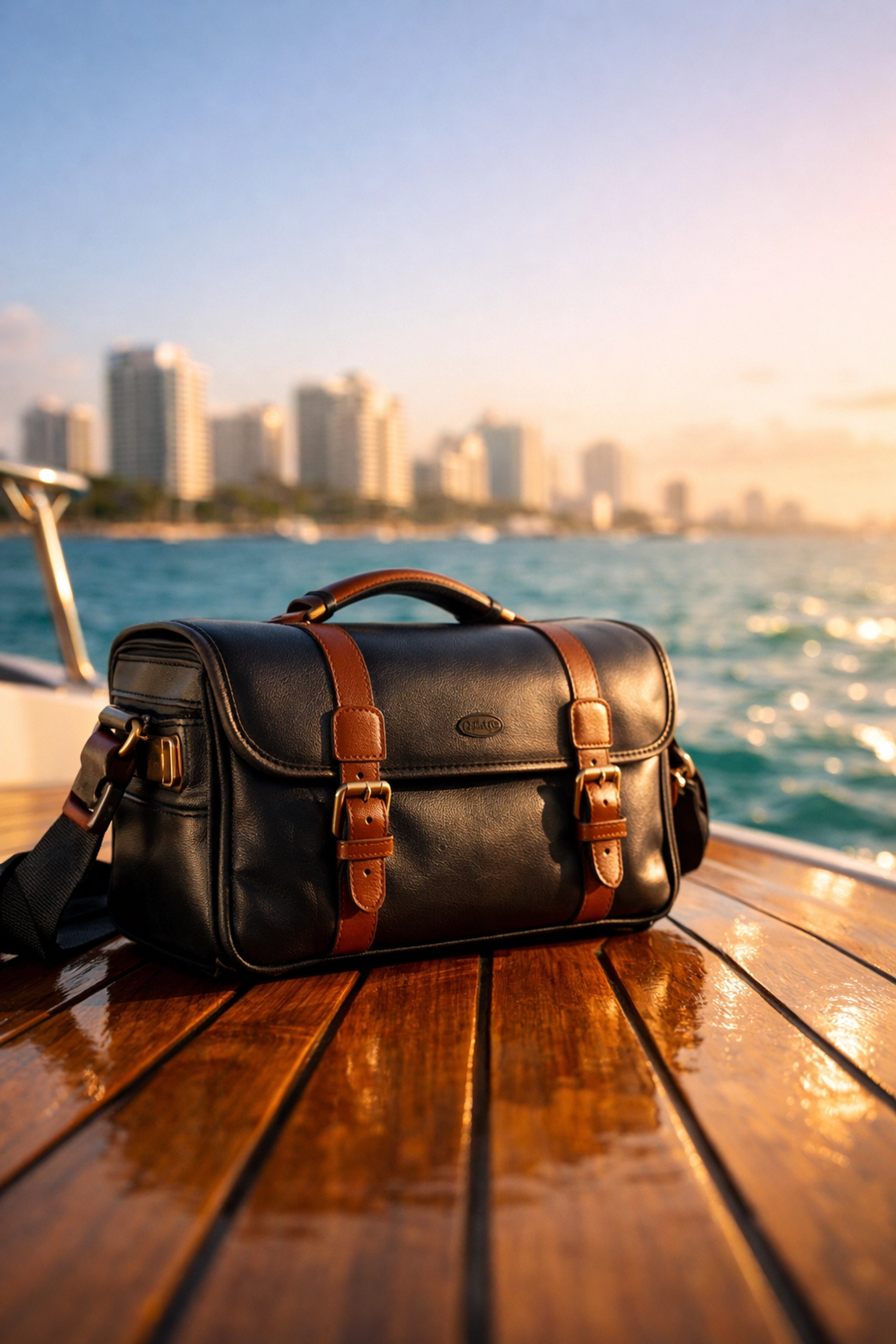Commercial product photography on a Miami yacht featuring luxury accessories and Magic Hour light.