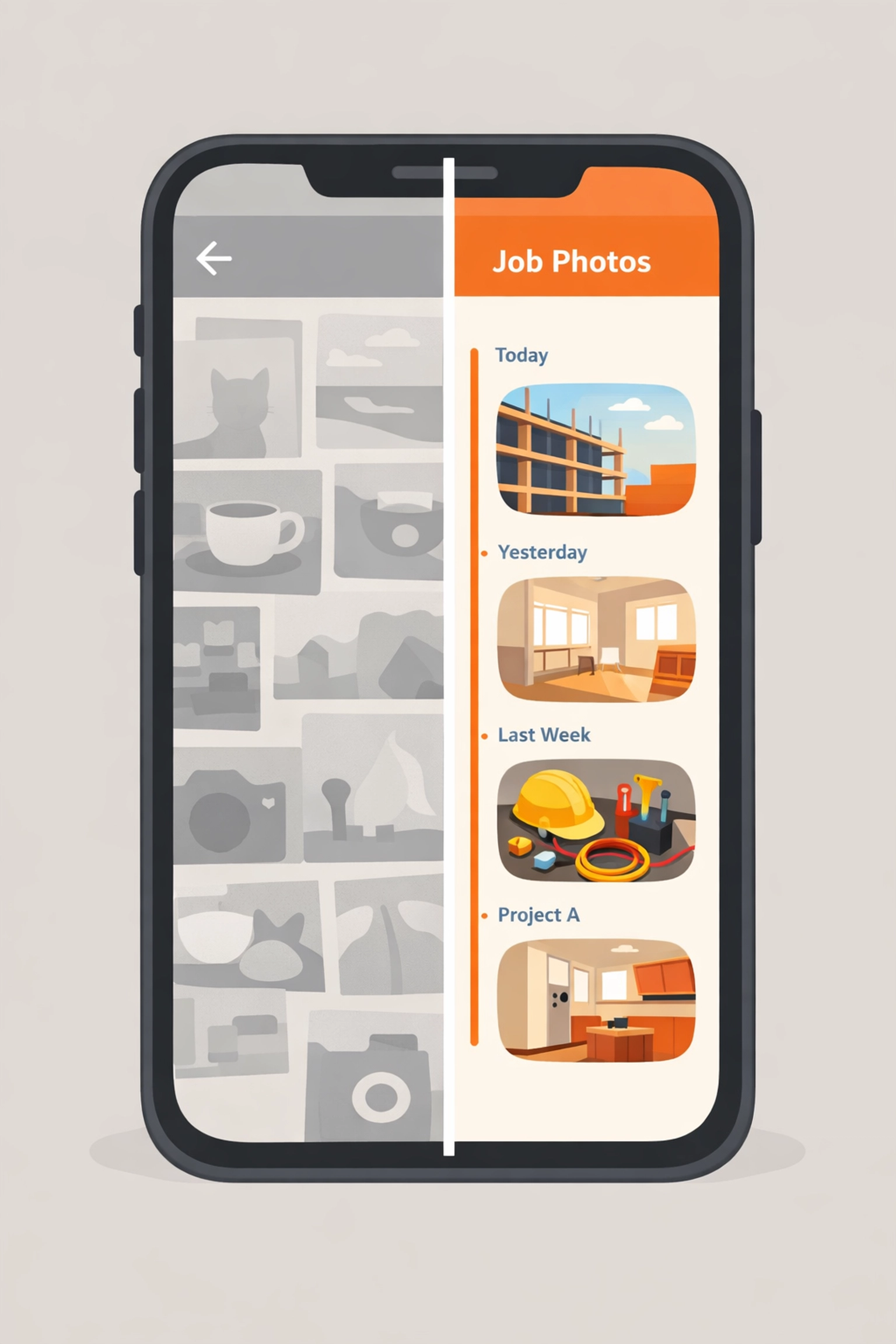 A smartphone comparing a messy camera roll with an organized contractor photo app timeline.