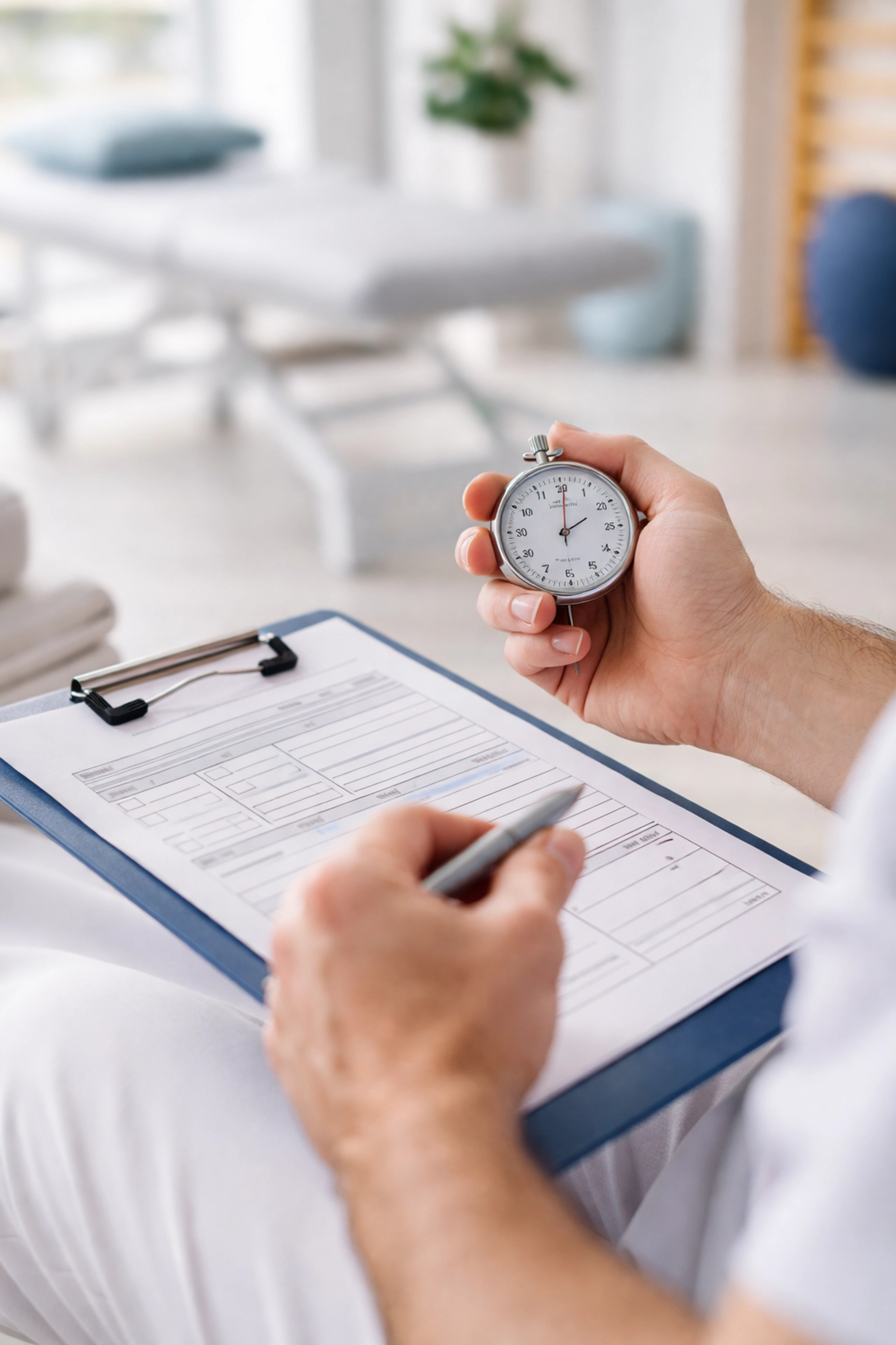 Physical therapist tracking treatment time with stopwatch for accurate billing unit calculations