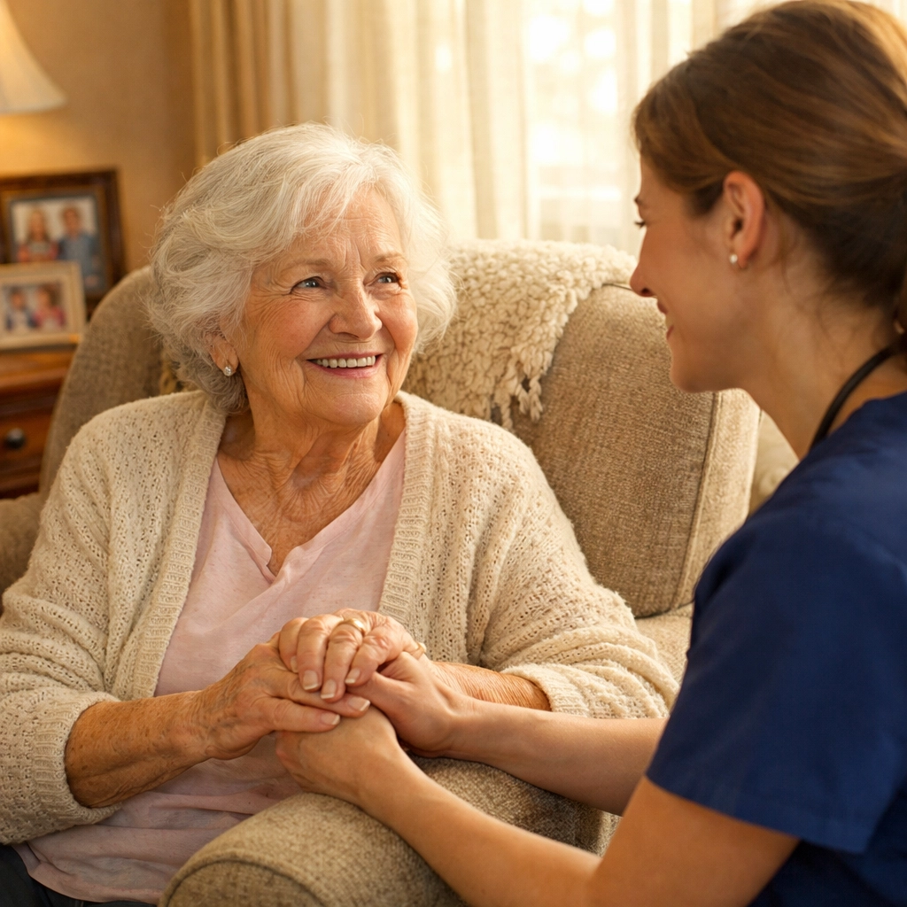 Professional carer providing compassionate home care to elderly woman in Southampton