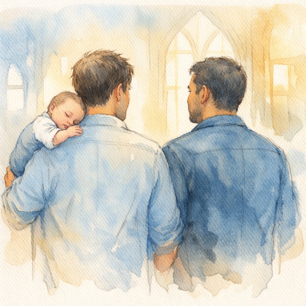 Two fathers supporting each other in church lobby demonstrating Christian community and ministry