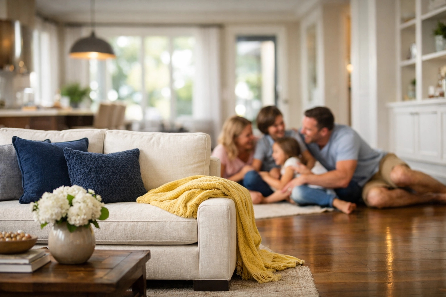 A happy family enjoying a clean, sunlit living room thanks to consistent weekly house cleaning in Littleton.