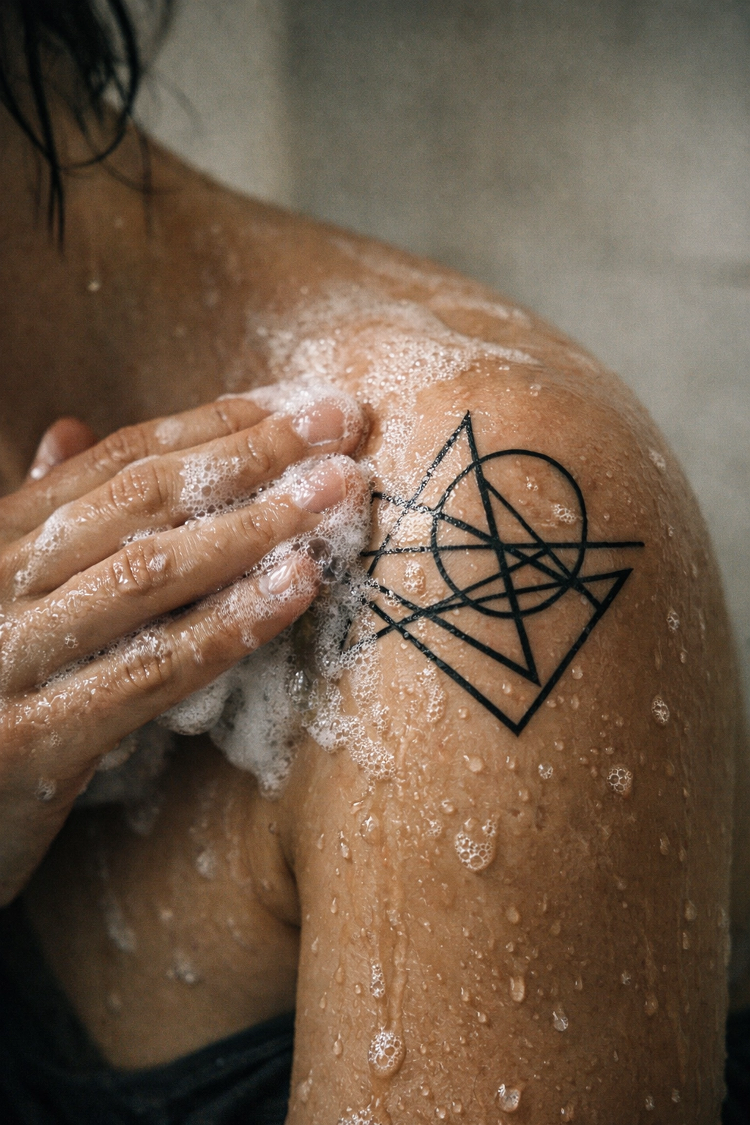 Gently washing a new geometric shoulder tattoo with mild soap at our professional tattoo shop Hixson TN.