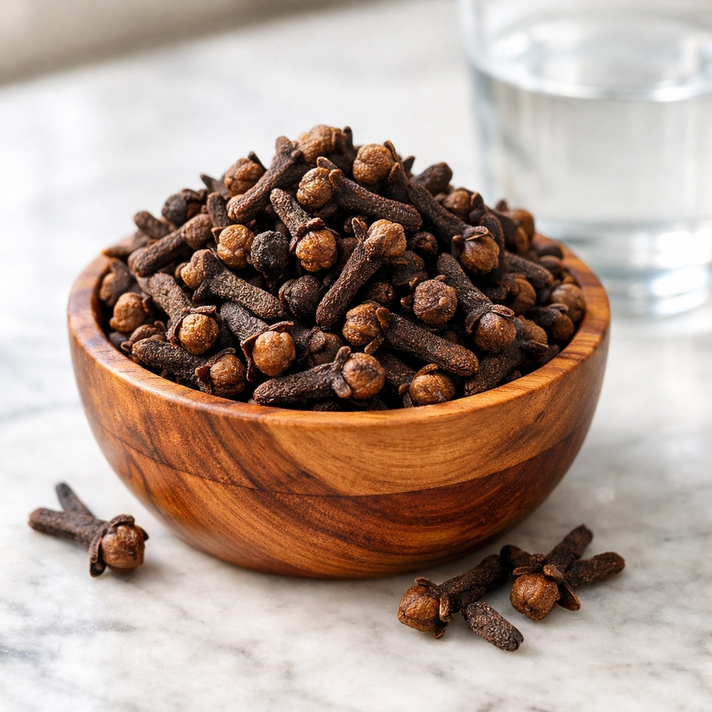 Premium whole Mismar al-Kif cloves in a wooden bowl for natural dental health and fresh breath.