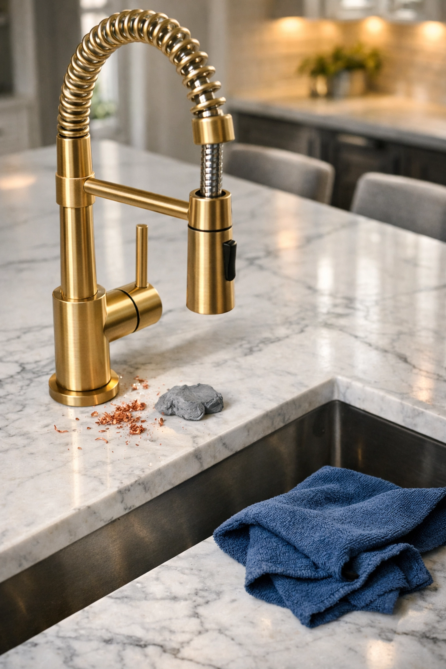 Post-construction debris and plumber's putty on a kitchen sink after plumbing work.