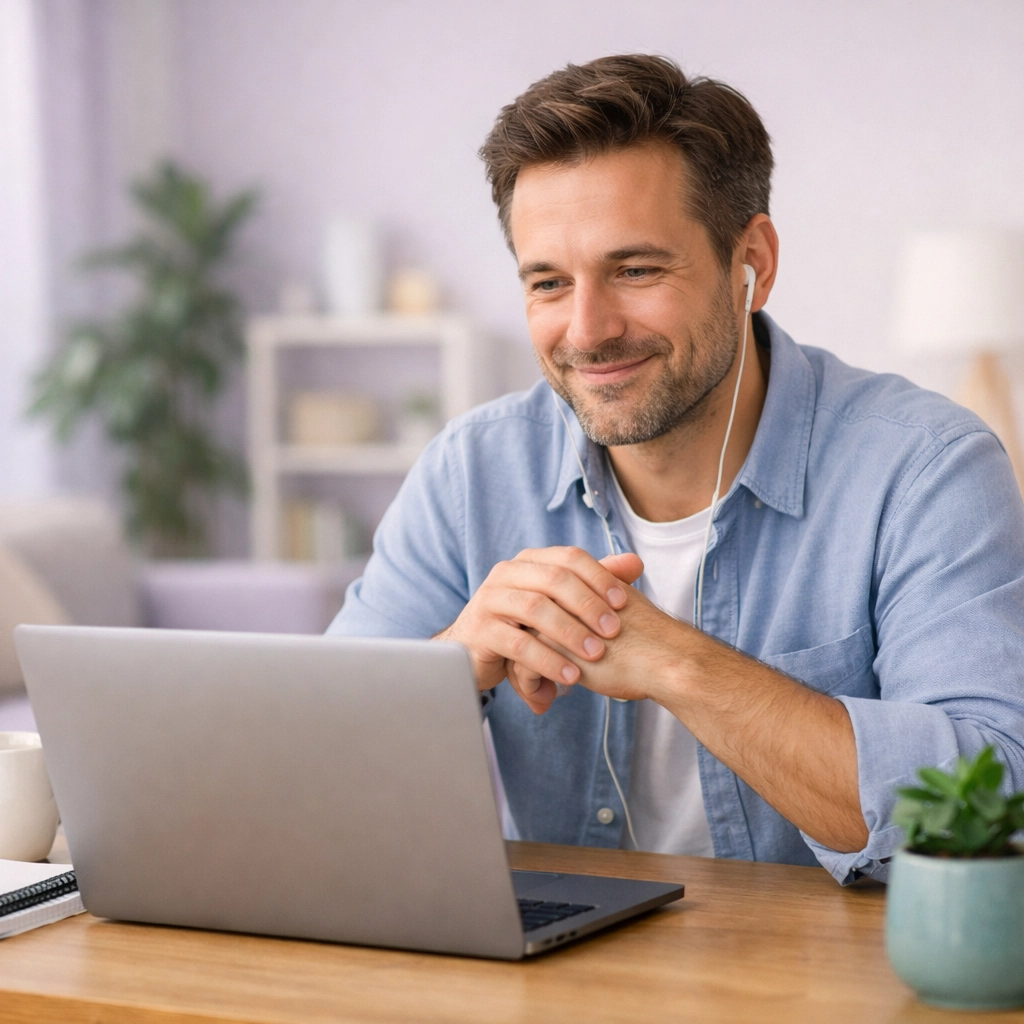 A counselor smiling during a teletherapy session, offering accessible online therapy for Georgia residents.