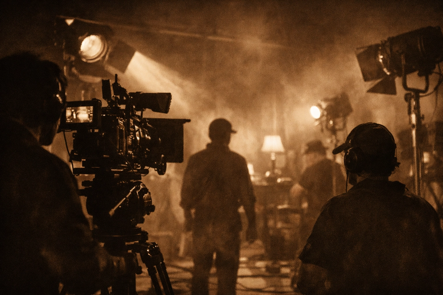 Independent film production crew on set with professional equipment and dramatic lighting