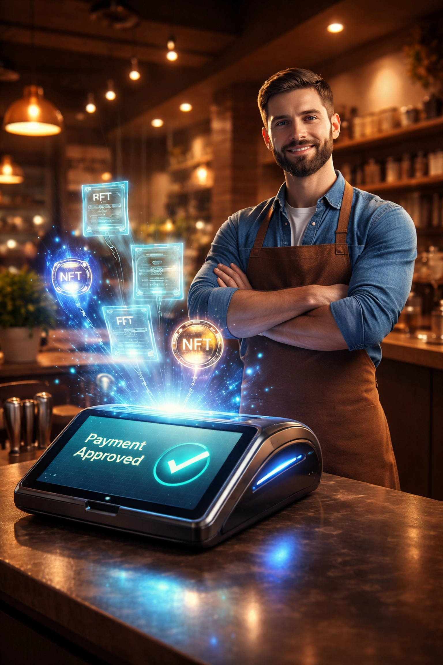 Small business owner using an advanced POS terminal with digital receipts and NFT tokens, showcasing Larecoin's merchant payment innovation.