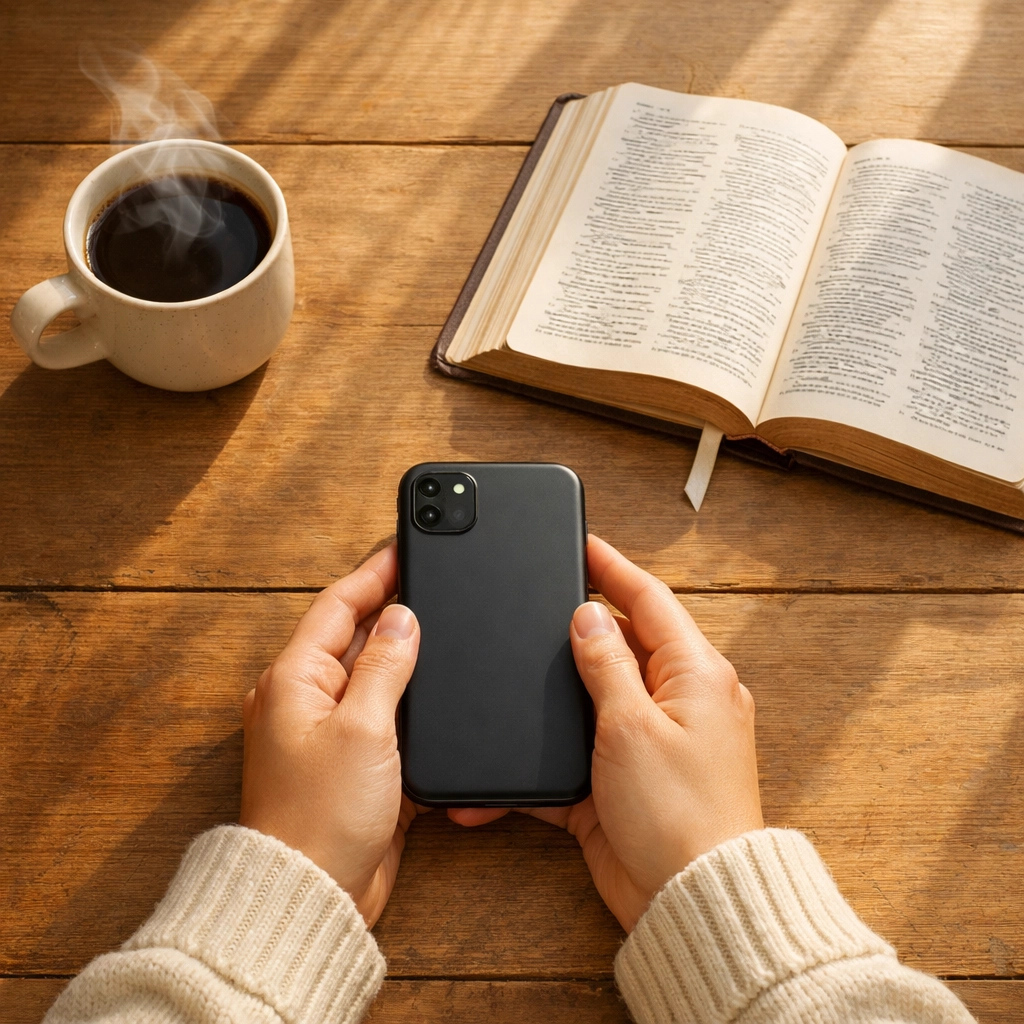 Phone face-down on table with coffee and Bible for peaceful news break