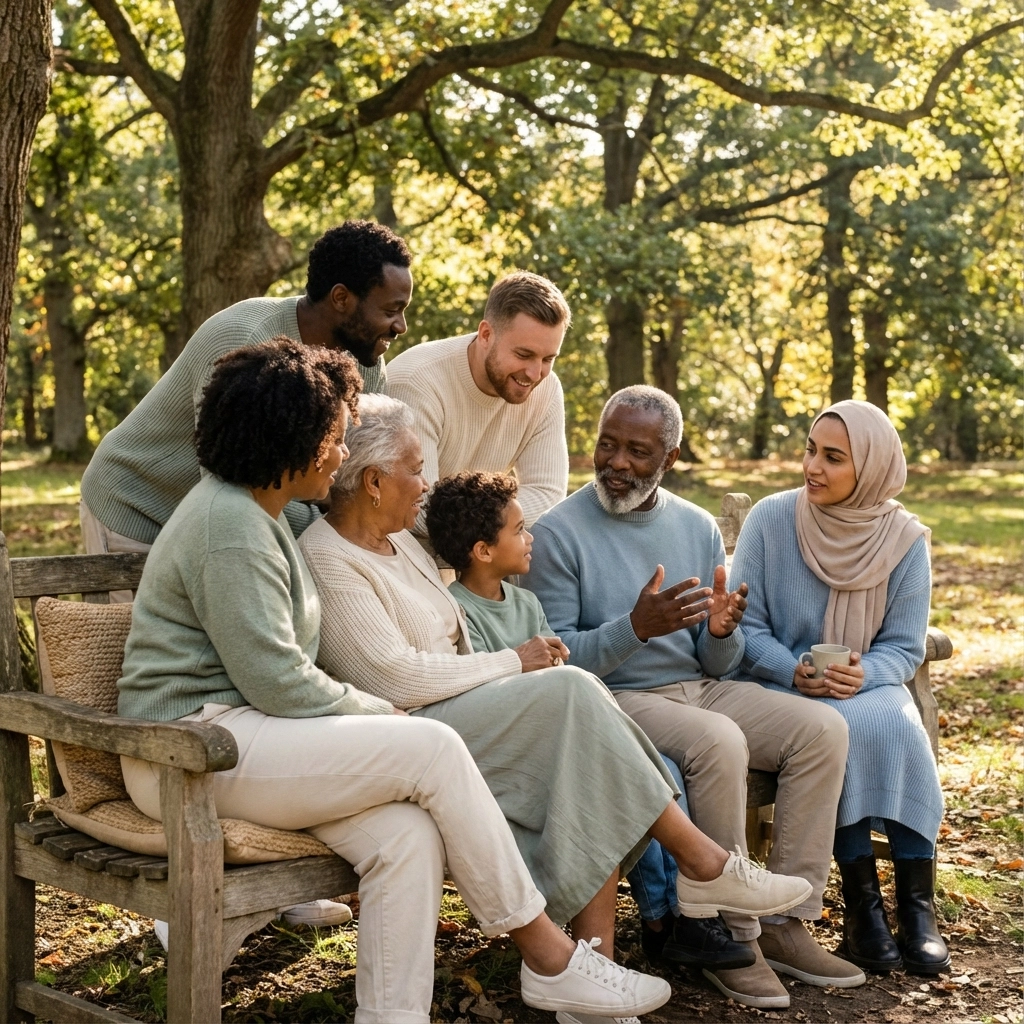 Therapist leading a small group discussion in a calm space with soft blues and greys