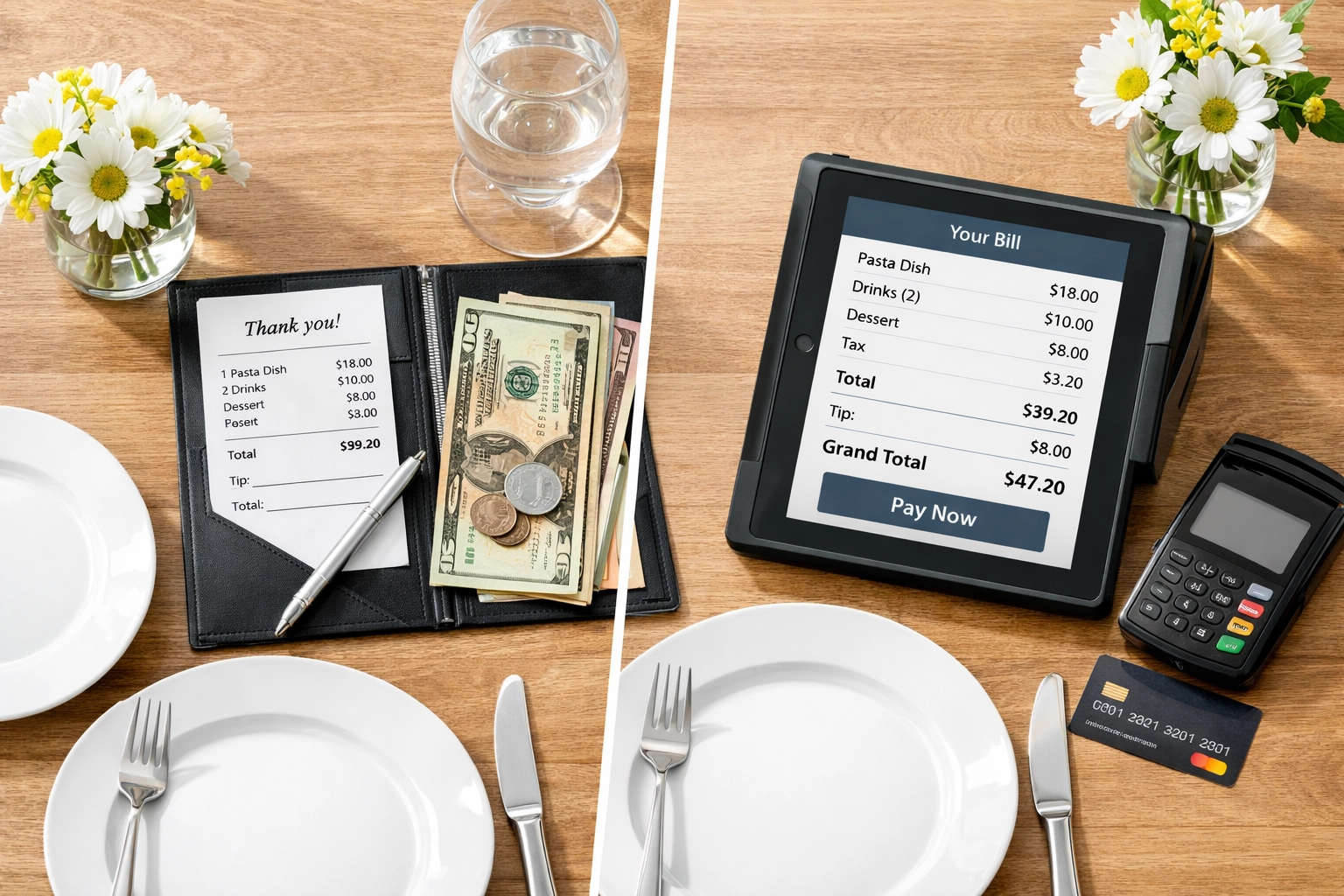 Restaurant table showing traditional payment vs modern tablet POS system comparison