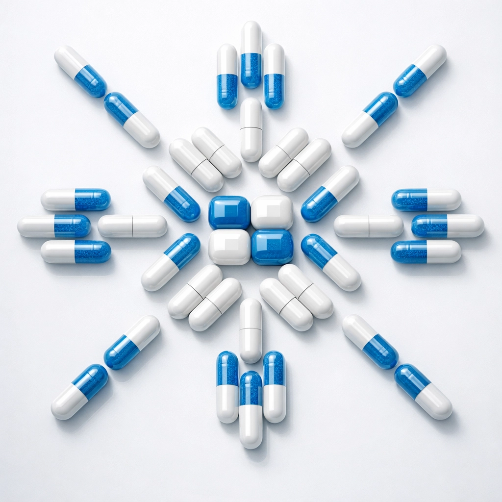 Symmetrical Mens Test Boost capsules representing a non-hormonal peptide complex for strength and vitality.